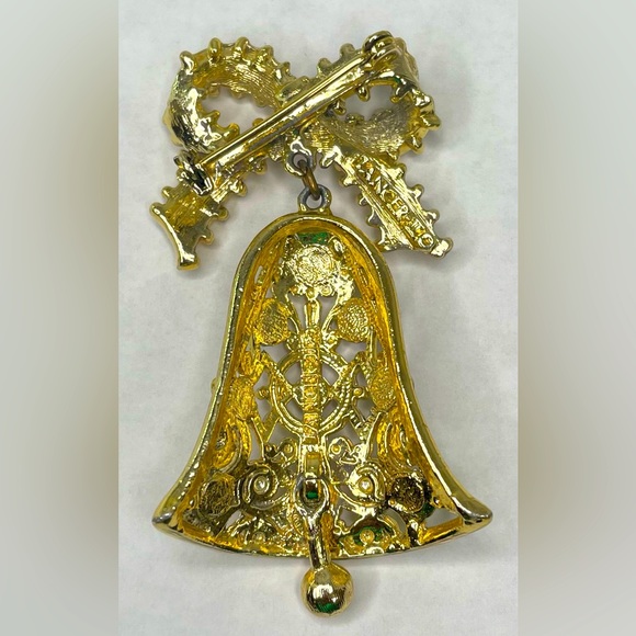 Vintage Tancer II Holiday Bell with Bow and Rhinestones Brooch - Picture 4 of 5